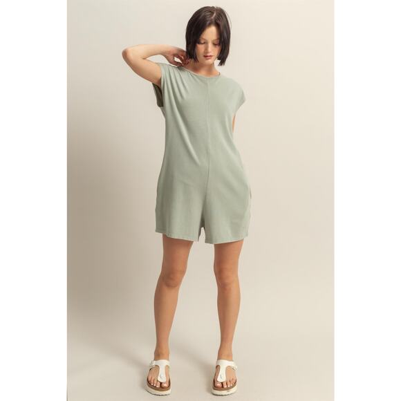 HYFVE Round Neck Cap Sleeves Side Pockets Relaxed Fit Breezy Romper | Sage Green - Picture 5 of 6